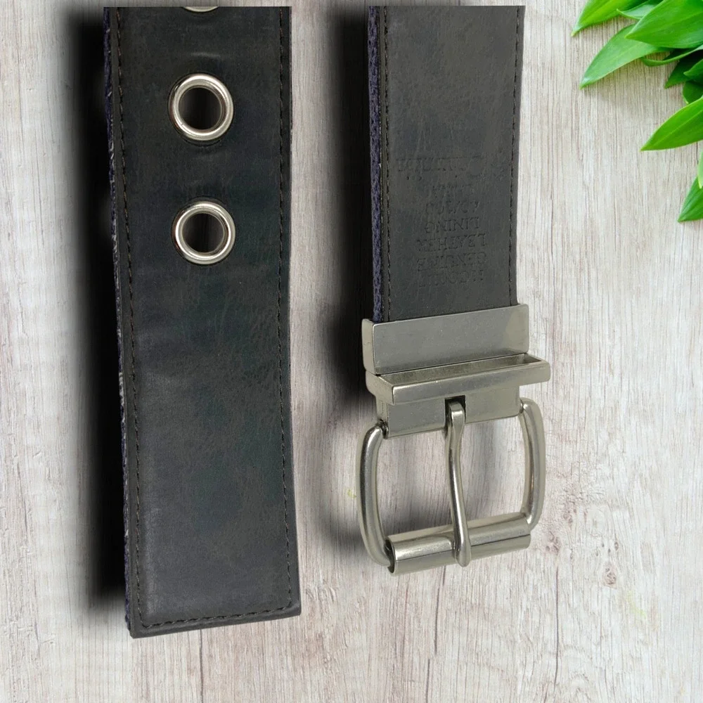 Vintage Y2K Columbia Men's Sz 40 Reversible Black Leather/Navy Twill Belt